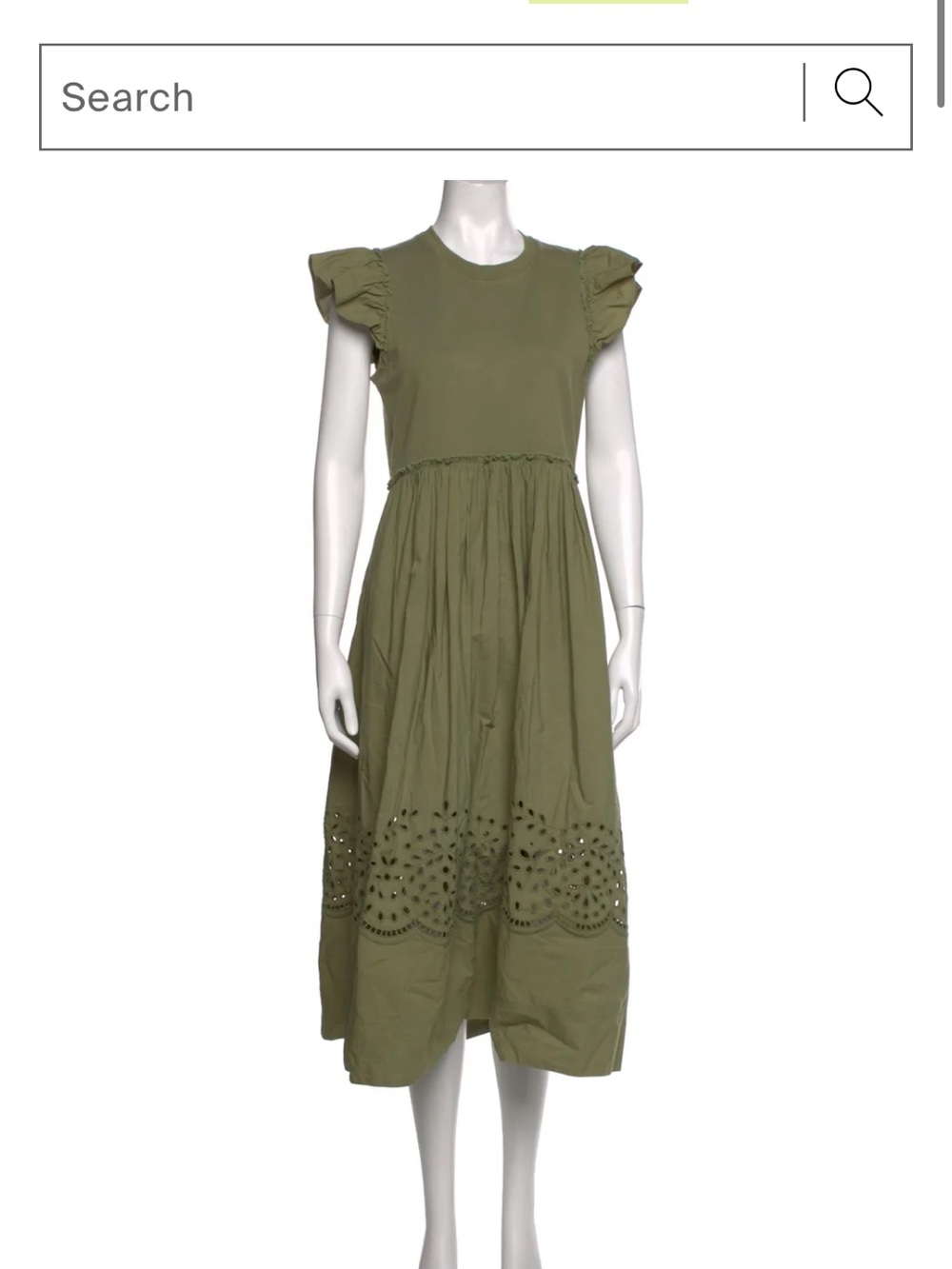 Tanya Taylor Olive Green Midi Dress with Ruffle Sleeves